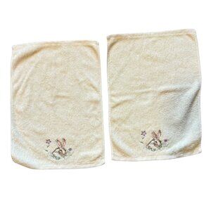 Vintage 2002 CASABA Embroidered Bunny Hand Towels Set Cream Cotton Easter Decor
